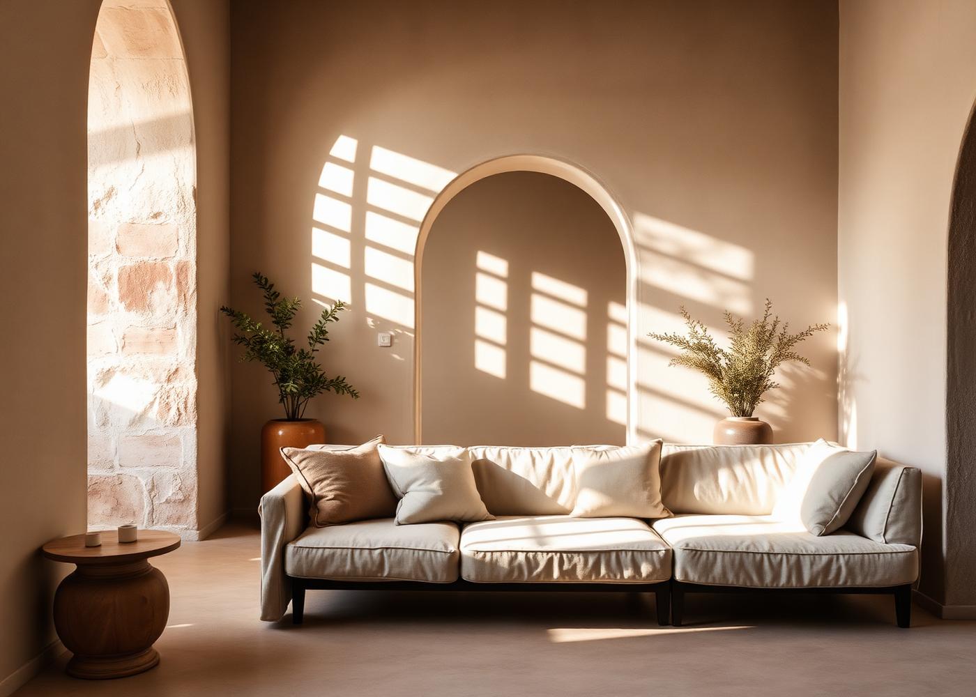 Sunlit Mediterranean interior with linen sofa and arched alcove