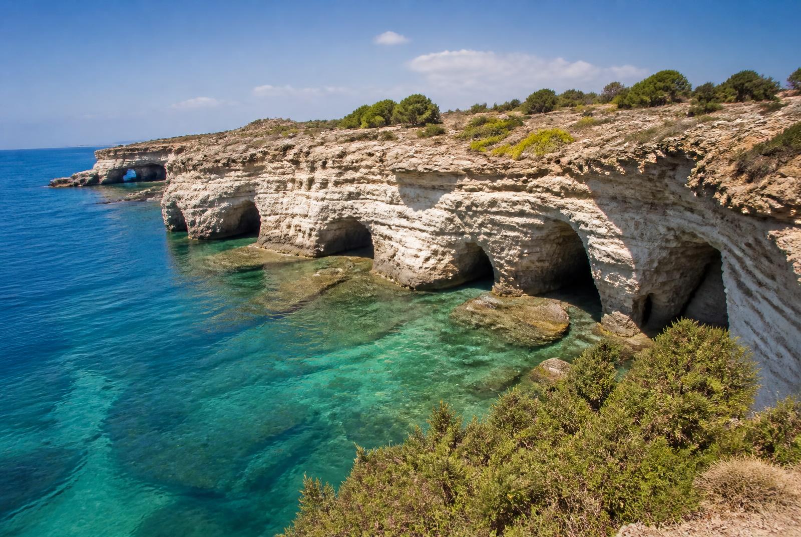 The Sea Caves coastline near Peyia, Paphos, with turquoise water and limestone cliffs
